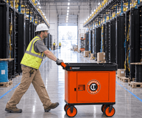 Crescent utility service cart being pushed through a data center aisle between server racks to transport tools and equipment.
