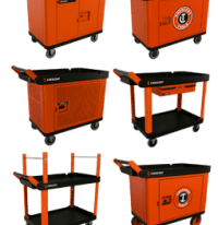 Six RAILWORKS Industrial Utility Carts kitted with RAILWORKS Cart Accessories
