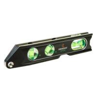 Black Crescent pocket level with three bright green vials for checking level, plumb, and angle alignment in tight spaces.