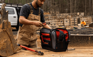 Male construction worker putting his mini bolt cutters back in his close top Crescent tool bag on a construction site