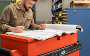 Male line repair manager using the RAILWORKS industrial utility cart with flat top shelf workstation to review repair orders