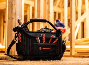 Crescent Wood Drill Bits in an open top Crescent tool bag in a framing construction environment