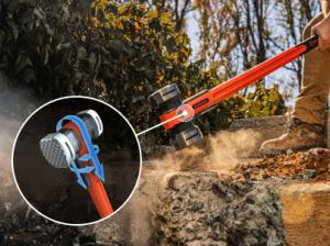 Man using a HEADLOCK sledgehammer to break up rock with an overlay highlighting the HEADLOCK system
