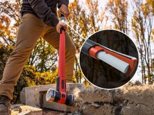 Man using a Crescent HEADLOCK sledge hammer to break up concrete with an overlay calling out the vibration control handle