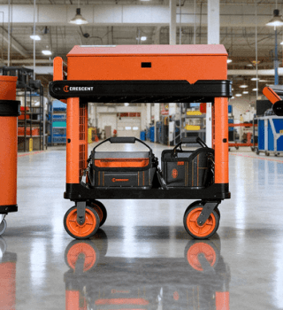 Three Crescent RAILWORKS utility carts kitted out with cart accessories in a manufacturing plant