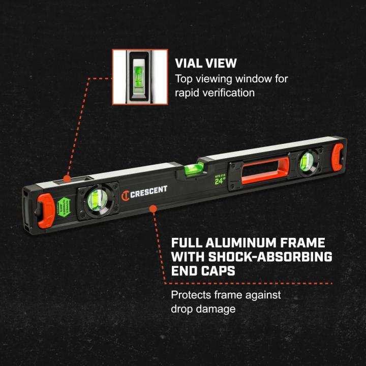 E-graphic detailing the levels vial view and full aluminum frame with shock absorbing end caps