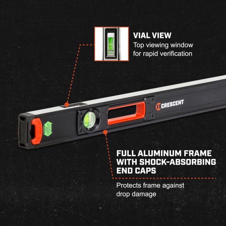 E-graphic detailing the levels vial view and full aluminum frame with shock absorbing end caps