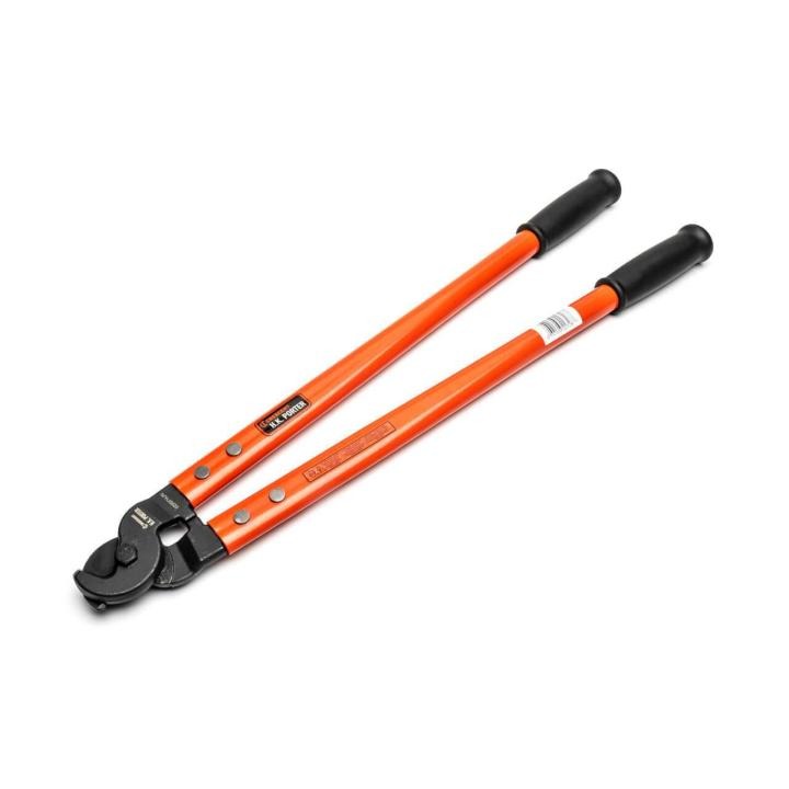 Angled view of Crescent H.K. Porter 28-inch ACSR, wire rope, and cable cutter showing black cutting jaws, orange handles, and black grip covers.