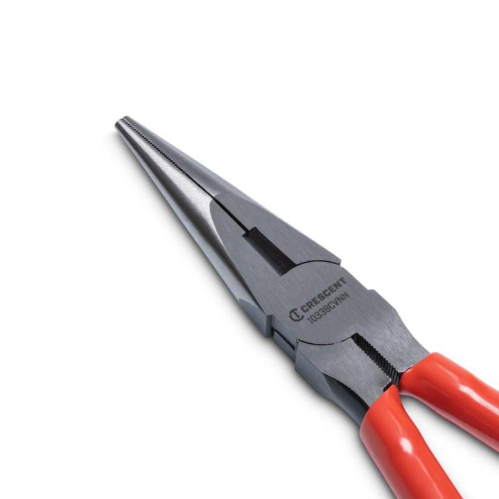 8" Long Chain Nose Pliers with Dipped Grip close-up showing long, tapered jaws for reaching into confined areas.