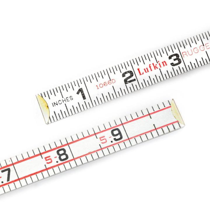 5/8" x 6' Red End® Engineer's Scale Wood Rule close-up showing black inch graduations and red engineer's scale markings on the folding rule.