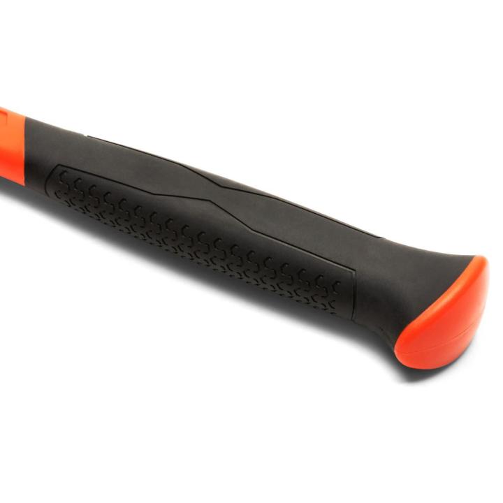 Close-up of the hammerâ€™s textured black grip and flared orange end cap on a white background.