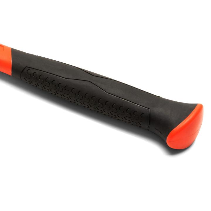 Close-up of the hammerâ€™s textured black grip and flared orange end cap on a white background.