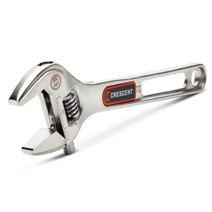 Image of the  Crescent 10" Chrome Adjustable Wrench with Quick-Fit-Jaw shown on an angle on a white background