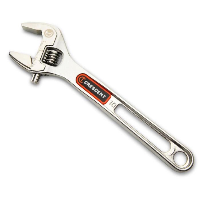Image of the  Crescent 10" Chrome Adjustable Wrench with Quick-Fit-Jaw shown on an angle on a white background