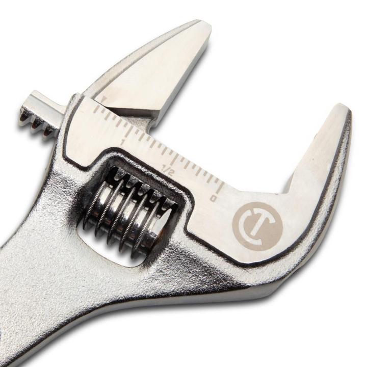 Image of the  Crescent 10" Chrome Adjustable Wrench with Quick-Fit-Jaw with a close up view of the wrench head showing the sizing scale
