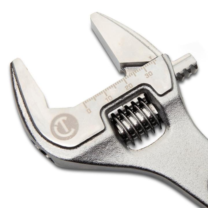 Image of the  Crescent 10" Chrome Adjustable Wrench with Quick-Fit-Jaw with a close up view of the wrench head showing the sizing scale