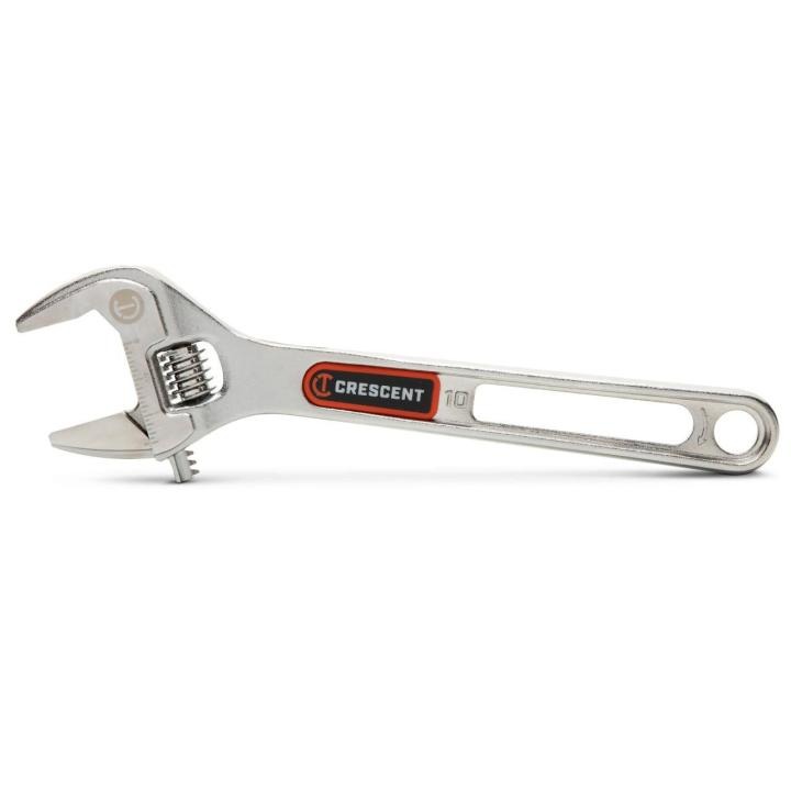 Image of the Crescent  10" Chrome Adjustable Wrench with Quick-Fit-Jaw on a white background with the adjustable jaw towards the left side and the handle towards the right side of the image.