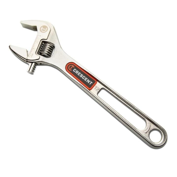 Image of the  Crescent 12" Chrome Adjustable Wrench with Quick-Fit-Jaw shown on an angle on a white background