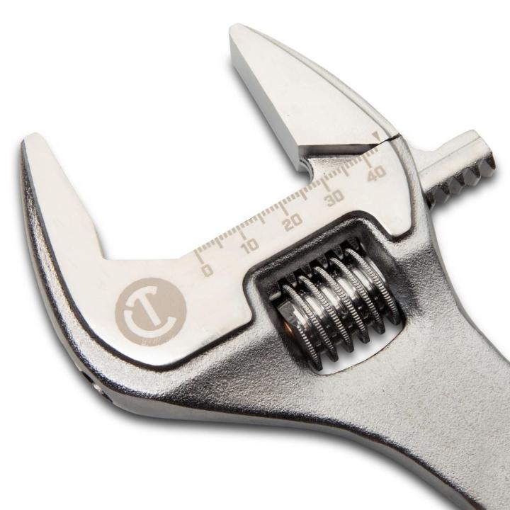 Image of the  Crescent 12" Chrome Adjustable Wrench with Quick-Fit-Jaw with a close up view of the wrench head showing the sizing scale