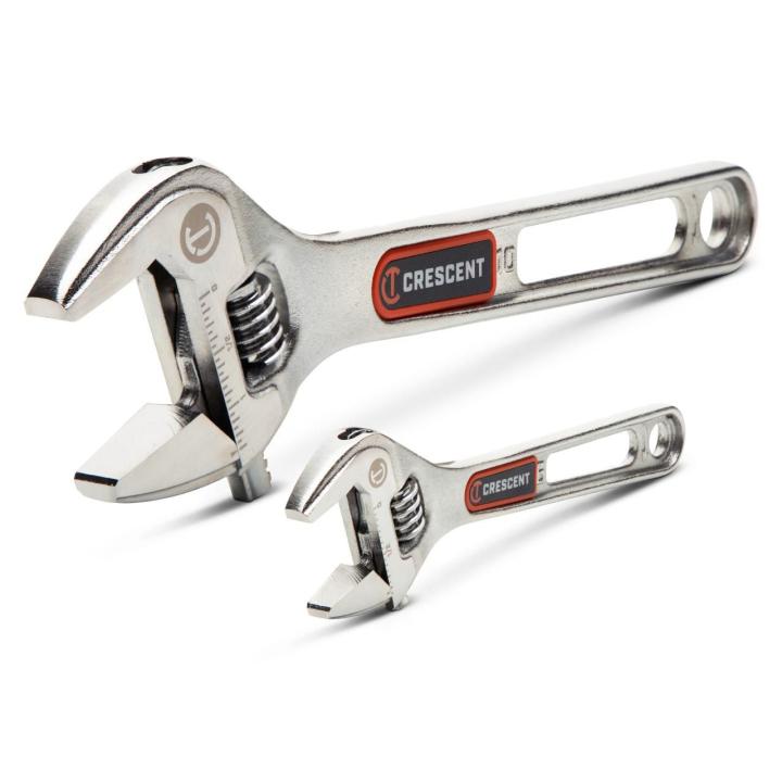 Image of the  Crescent 2 Piece 6" & 10" Chrome Quick-Fit-Jaw Adjustable Wrench Set shown on an angle on a white background