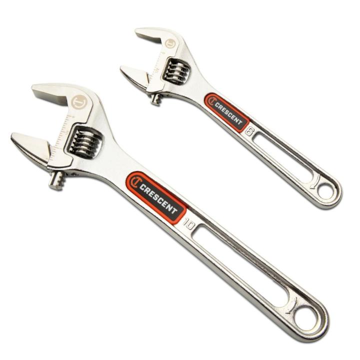 Image of the  Crescent 2 Piece 6" & 10" Chrome Quick-Fit-Jaw Adjustable Wrench Set shown on an angle on a white background