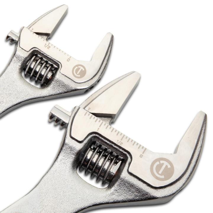 Image of the  Crescent 2 Piece 6" & 10" Chrome Quick-Fit-Jaw Adjustable Wrench Set with a close up view of the wrench head showing the sizing scale