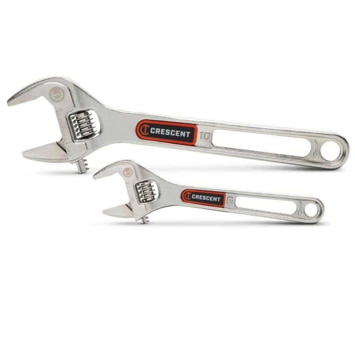 Image of the Crescent  2 Piece 6" & 10" Chrome Quick-Fit-Jaw Adjustable Wrench Set on a white background with the adjustable jaw towards the left side and the handle towards the right side of the image.