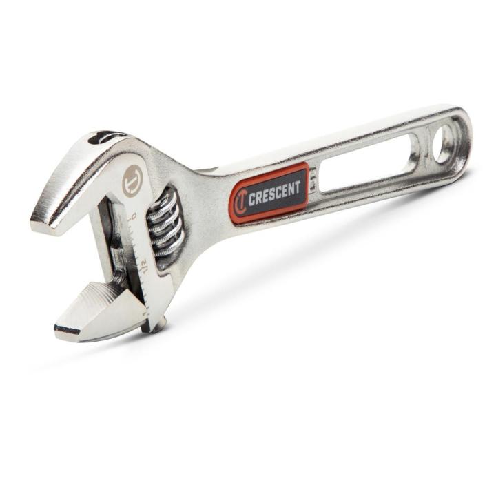 Image of the  Crescent 6" Chrome Adjustable Wrench with Quick-Fit-Jaw shown on an angle on a white background