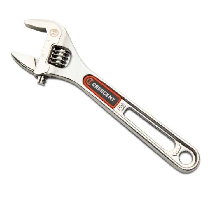 Image of the  Crescent 6" Chrome Adjustable Wrench with Quick-Fit-Jaw shown on an angle on a white background