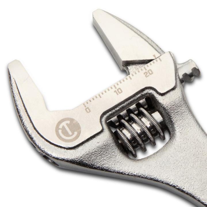 Image of the  Crescent 6" Chrome Adjustable Wrench with Quick-Fit-Jaw with a close up view of the wrench head showing the sizing scale