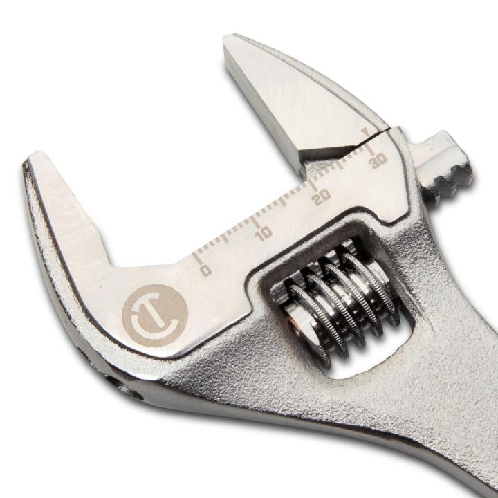 Image of the  Crescent 8" Chrome Adjustable Wrench with Quick-Fit-Jaw with a close up view of the wrench head showing the sizing scale