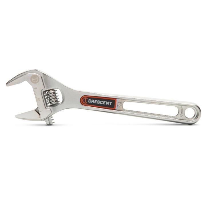 Image of the Crescent  8" Chrome Adjustable Wrench with Quick-Fit-Jaw on a white background with the adjustable jaw towards the left side and the handle towards the right side of the image.