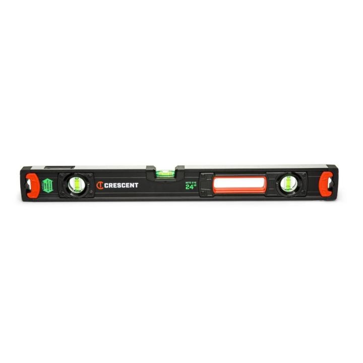 Front view of the black and orange 24" NITE EYE™ Aluminum Box Beam Level showing the 3 fluorescent vials and shock absorbing end caps