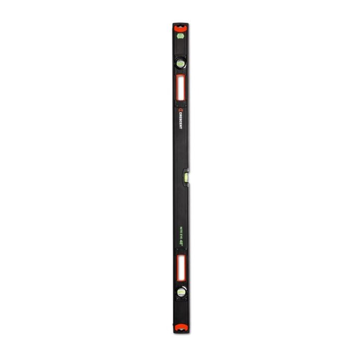 Front view of the black and orange 48" NITE EYE™ Aluminum Box Beam Level showing the 3 fluorescent vials and shock absorbing end caps