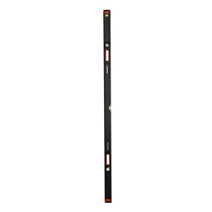 Front view of the black and orange 72" NITE EYE™ Aluminum Box Beam Level showing the 3 fluorescent vials and shock absorbing end caps