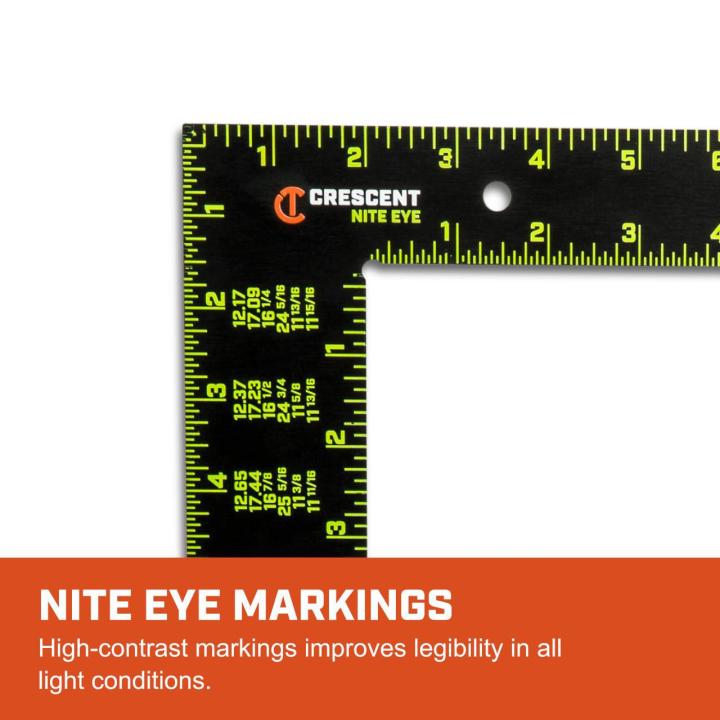 CFS1624 16 x 24 NITE EYE™ framing square close-up highlighting high-contrast markings for improved legibility in low-light work conditions.
