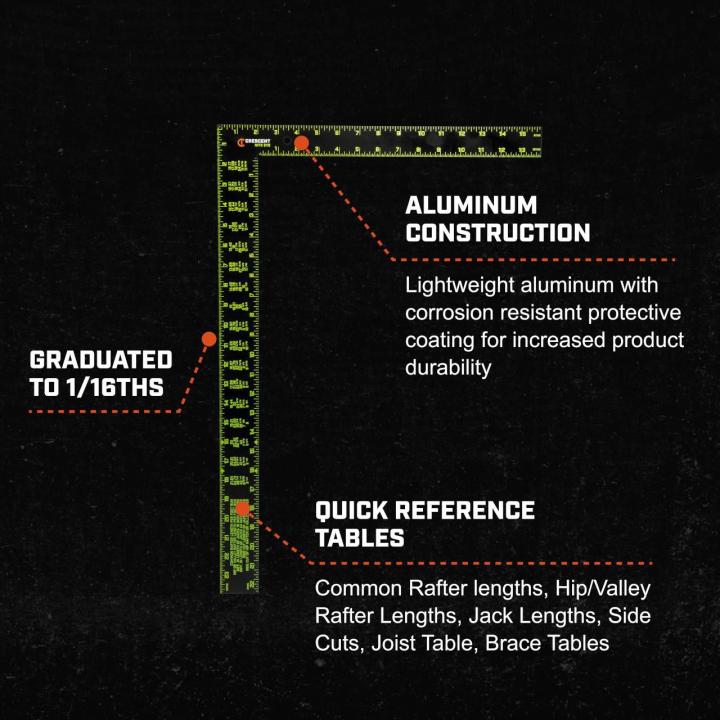 CFS1624 16 x 24 NITE EYE™ framing square detail showing aluminum construction and quick reference tables for rafter measurements.
