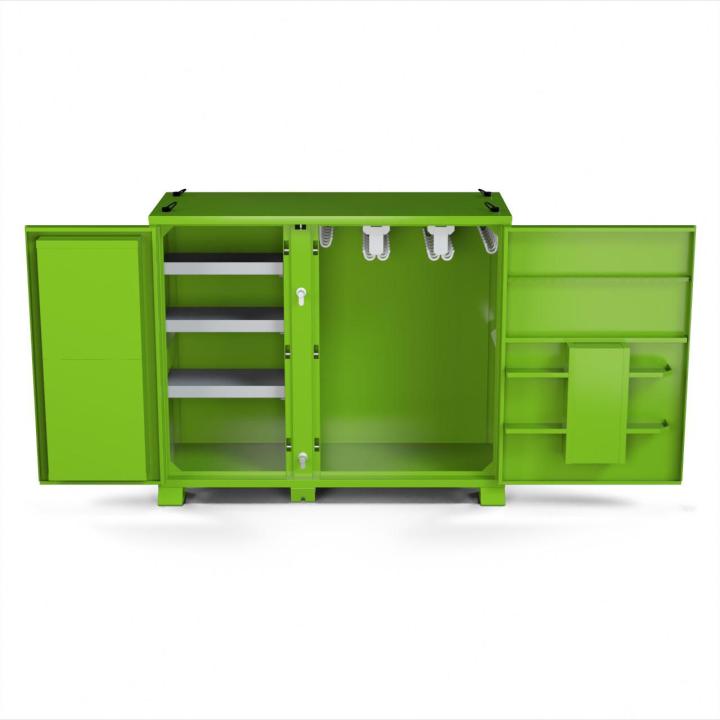 Image of the 72" Onsite PPE Storage Cabinet green cabinet with its doors open showing the 3 white shelves and the four rows of sliding rail hooks for storing fall protection