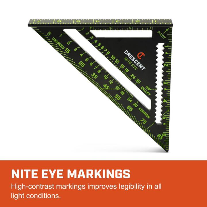 CRS07 7-inch NITE EYE™ rafter square close-up highlighting high-contrast markings that improve legibility in all light conditions.