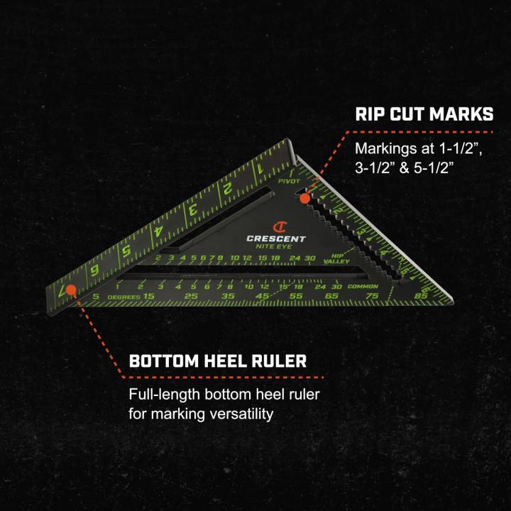 CRS07 7-inch NITE EYE™ rafter square showing rip cut marks and bottom heel ruler features for versatile layout marking.