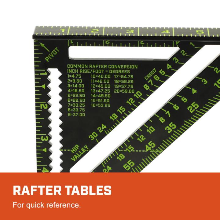 CRS07 7-inch NITE EYE™ rafter square close-up showing printed rafter tables for quick jobsite reference.