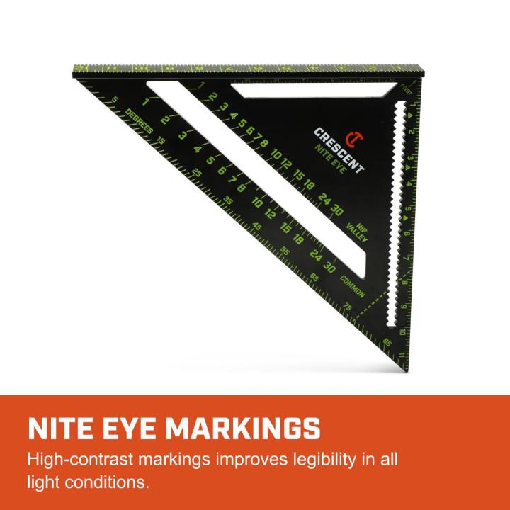 CRS12 12-inch NITE EYE™ rafter square close-up highlighting high-contrast markings that improve legibility in all light conditions.