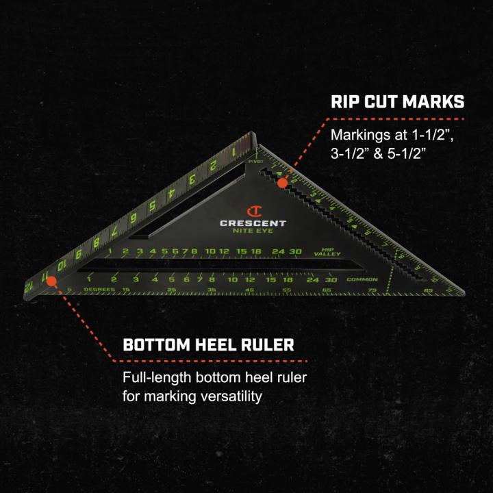 CRS12 12-inch NITE EYE™ rafter square showing rip cut marks and bottom heel ruler features for versatile layout marking.
