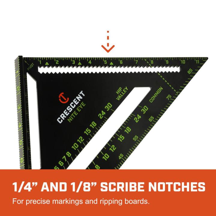 CRS12 12-inch NITE EYE™ rafter square detail highlighting 1/4-inch and 1/8-inch scribe notches for precise marks and board ripping.