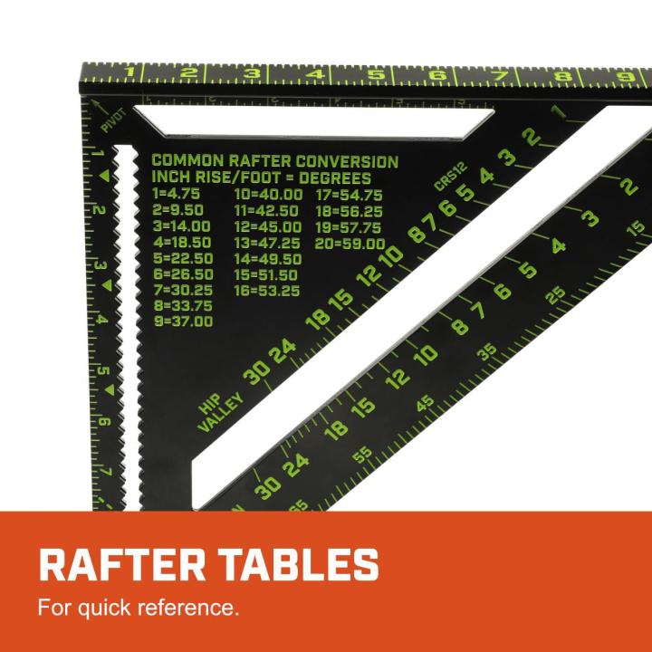 CRS12 12-inch NITE EYE™ rafter square close-up showing printed rafter tables for quick jobsite reference.