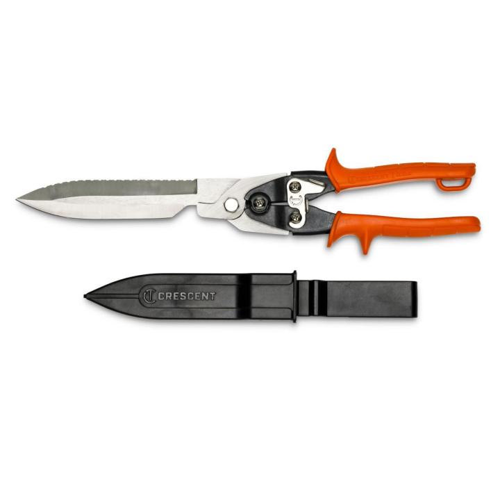 Image of the Crescent CTCFDH with the blade toward the left side and the orange handles towards the right side of the image and also showing the black sheath