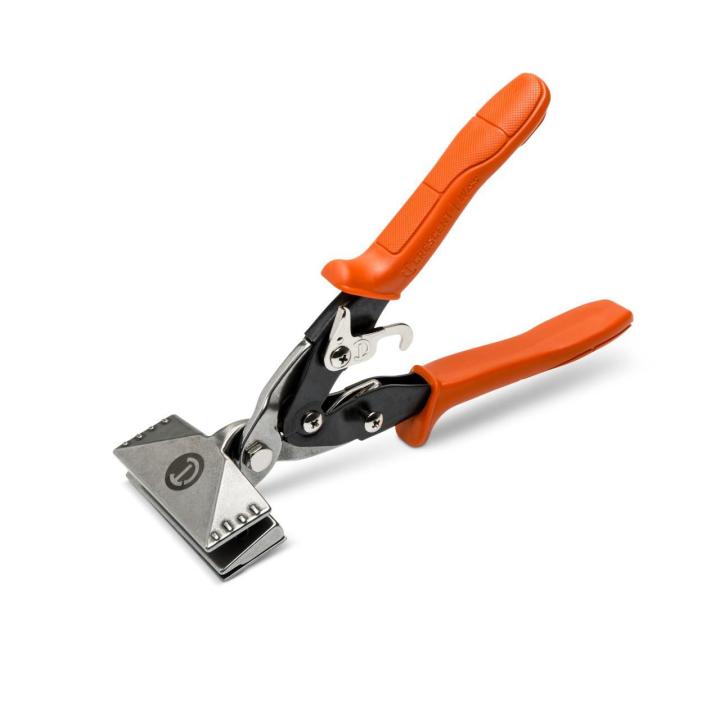 Image of the CTH3SFT Hand Seamer with integrated folding tool with the grips toward the lower left side and the orange handles towards the upper right side of the image