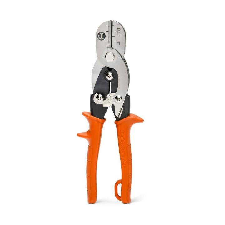 Front view of the Crescent CTH5SC crimper with the jaws towards the top and the orange handle towards the bottom