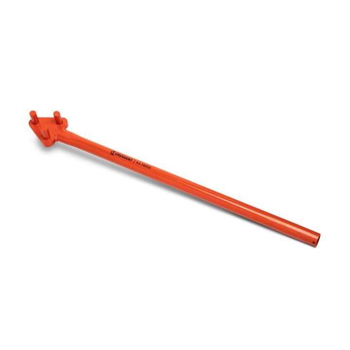 Orange Crescent 34-inch 3-pin rebar bender angled from lower right to upper left, with the three-pin head at upper left, on a white background.