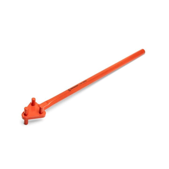 Orange Crescent 34-inch 3-pin rebar bender angled from upper right to lower left, with the three-pin head at lower left, on a white background.
